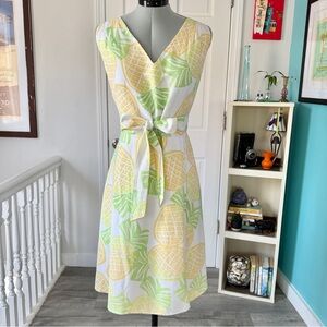 Sigrid Olsen Linen Blend Pineapple Wrap Dress Yellow Green (size 12)